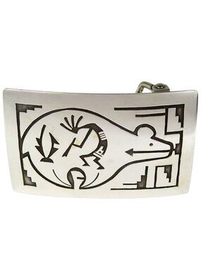 Sterling Silver Kokopelli & Heartline Bear Belt Buckle Signed Mona Van Riper